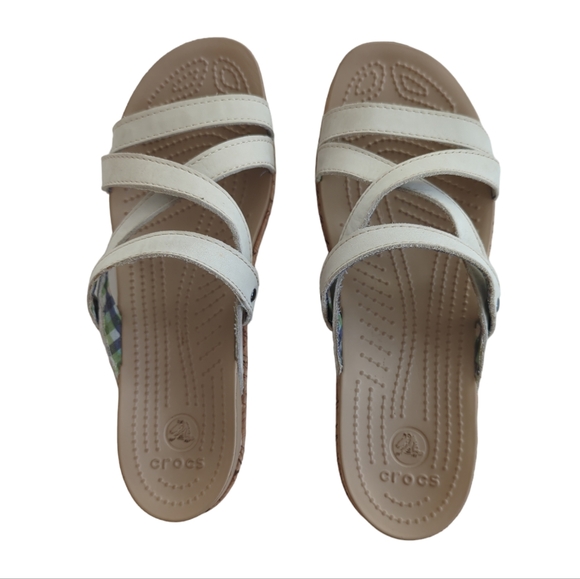 Crocs Open Toe Cork Wedge Strappy Slide Sandal 8 Creamy Beige Tan - Picture 8 of 16